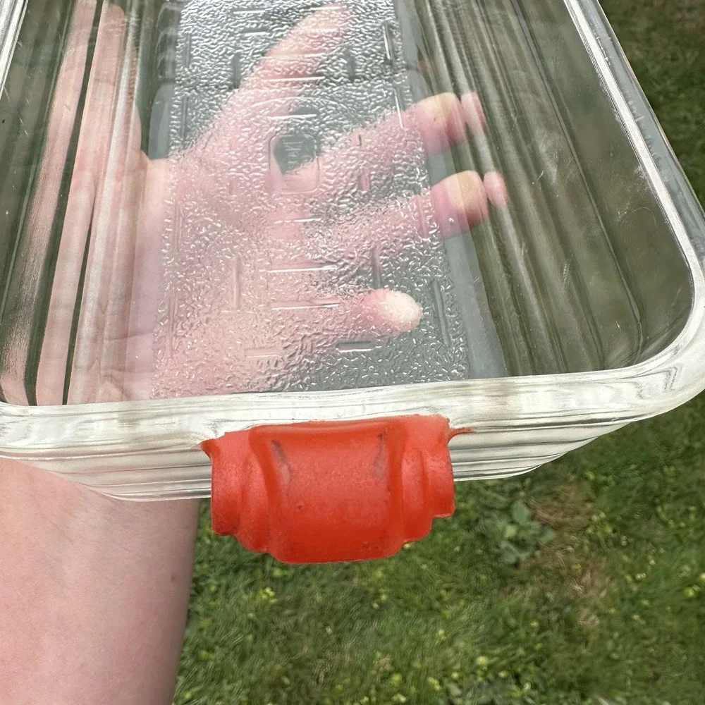 Vintage GLASBAKE #59 Clear Glass Loaf Pan Baking Dish Ornate Orange Handles USA
